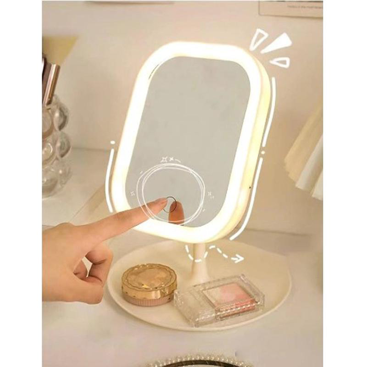 (Net) Customized Rectangular Shape Single Face LED Table Mirror with Tray 360 Swivel Function