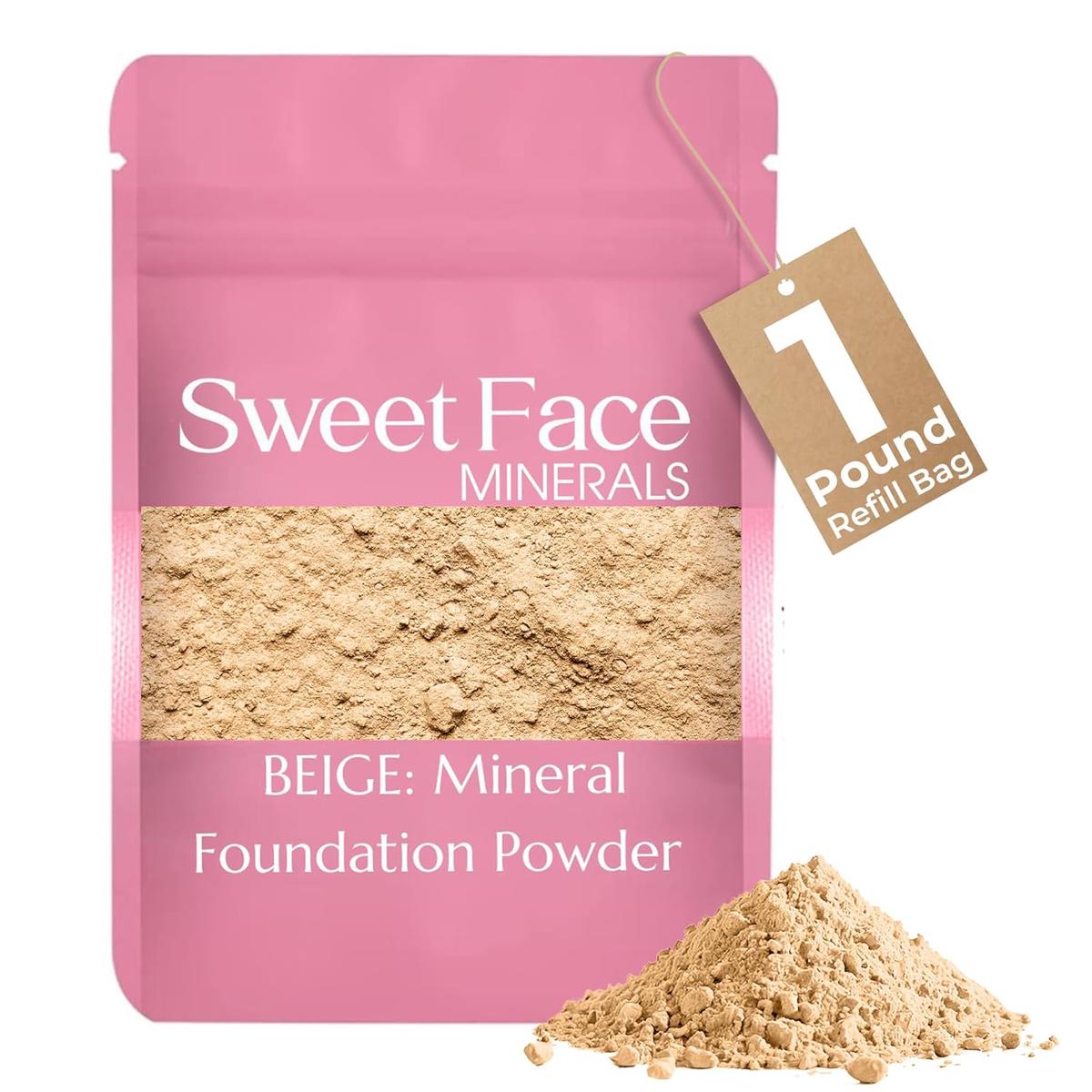 (1 Pound) (Beige) Foundation Powder Refill By Sweet Face Minerals, Lightweight Mineral Loose Makeup Powder with SPF 20, Full Coverage Flawless Finish, Talc-free, Cruelty-Free, Refill Pouch